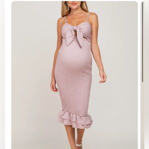 Mauve Gingham Print Smocked Fitted Self-Tie Maternity Midi Dress-MEDIUM